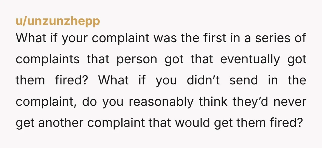 u/unzunzhepp What if your complaint was the first in a series of complaints that person got that eventually got them fired? What if you didn’t send in the complaint, do...