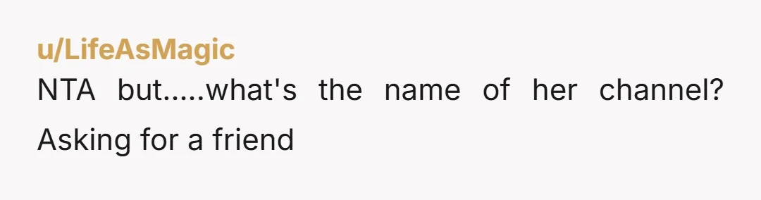 u/LifeAsMagic
NTA but.....what's the name of her channel? Asking for a friend