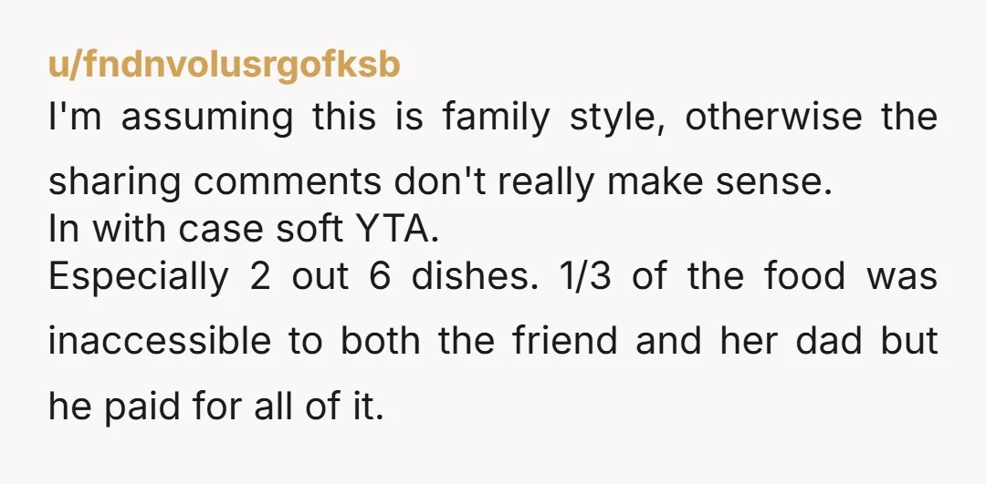 u/United-Signature-414 INFO Was this being served family style? If so, then yes it is pretty rude to order dishes that exclude anyone, especially the host. 
