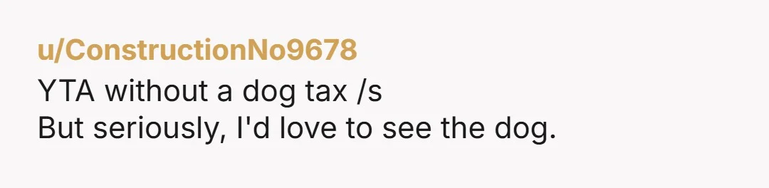 u/ConstructionNo9678 YTA without a dog tax /s But seriously, I'd love to see the dog.