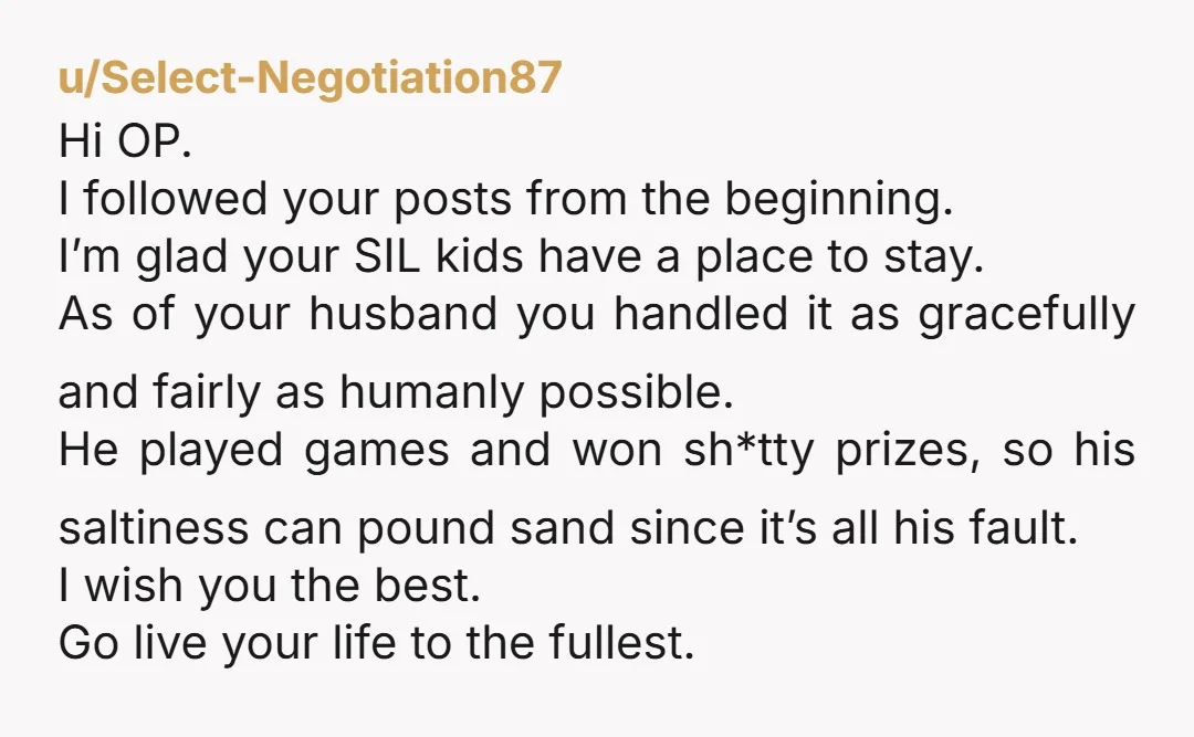 u/Select-Negotiation87 Hi OP. I followed your posts from the beginning. I’m glad your SIL kids have a place to stay. As of your husband you handled it as gracefully and...