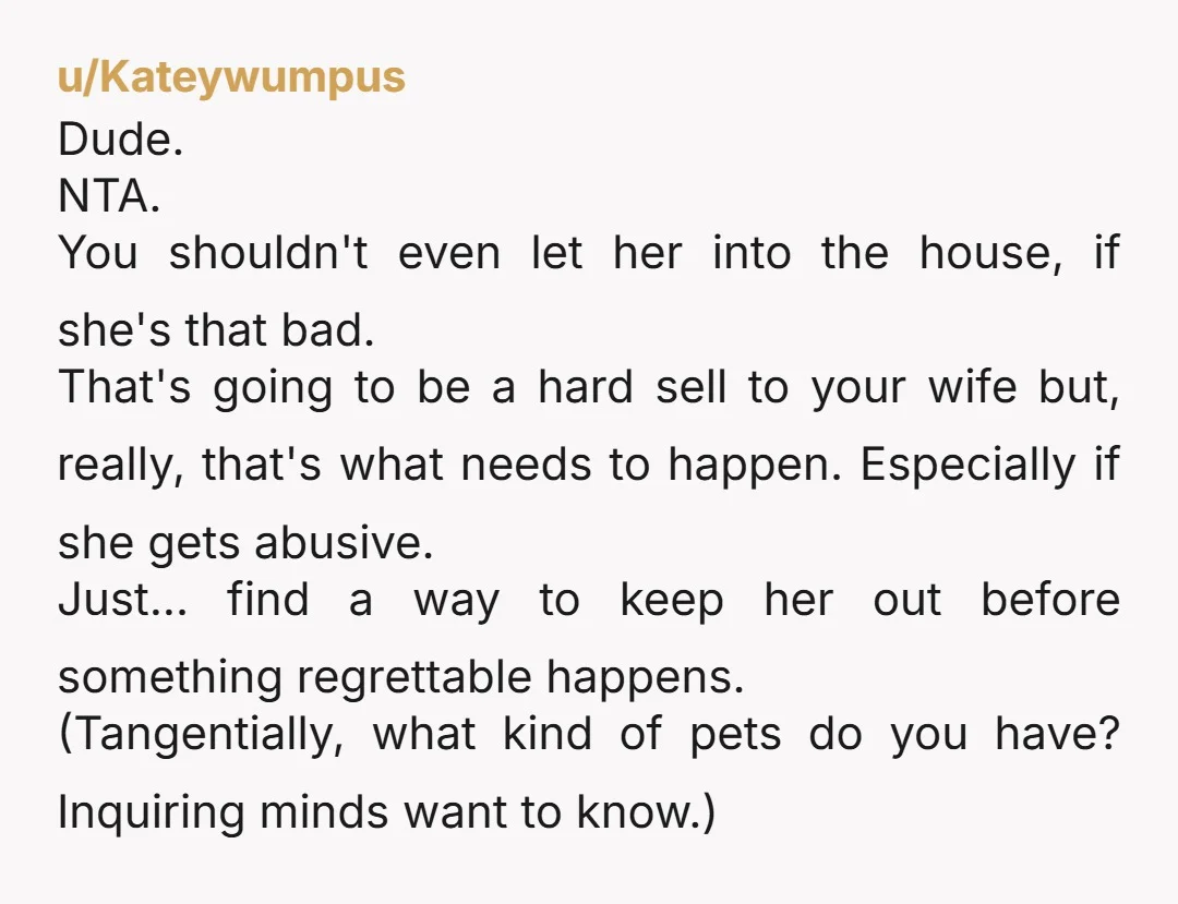 u/ShinyAppleScoop NTA. A fire hazard? That's a reach. Your MIL has no boundaries and your wife's normal - meter is broken. You don't have to feel bad about turning away...