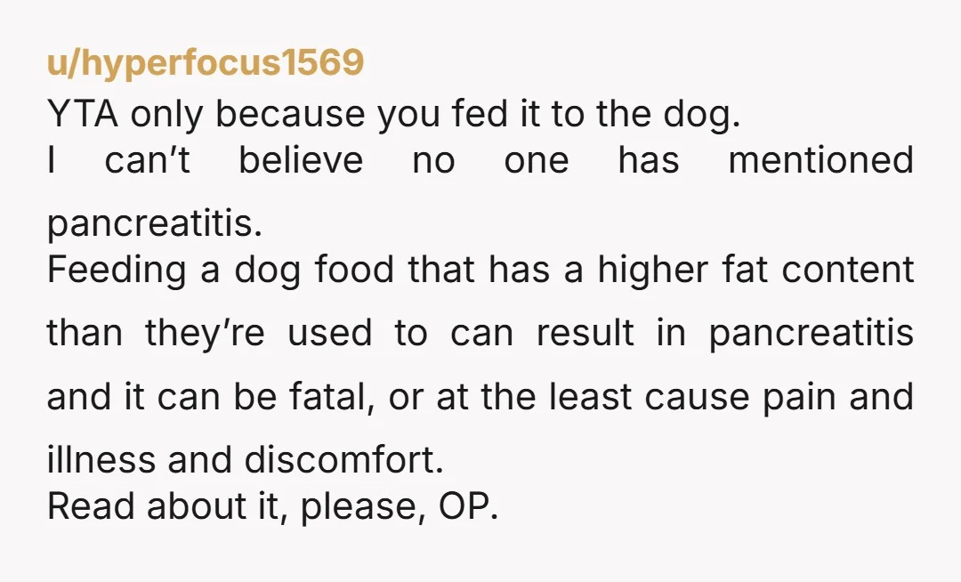 u/hyperfocus1569 YTA only because you fed it to the dog. I can’t believe no one has mentioned pancreatitis. Feeding a dog food that has a higher fat content than they’re...