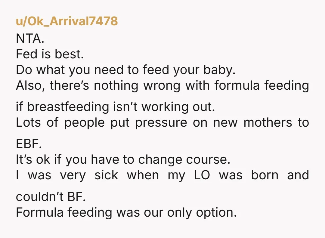 u/Ok_Arrival7478 NTA. Fed is best. Do what you need to feed your baby. Also, there’s nothing wrong with formula feeding if breastfeeding isn’t working out. Lots of people put pressure...