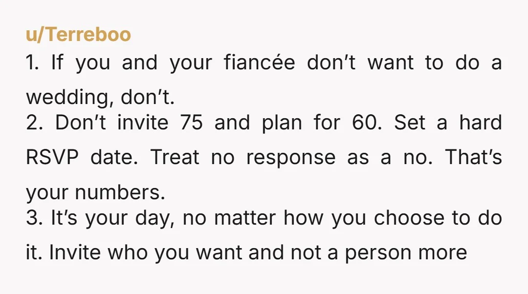 u/Terreboo 1. If you and your fiancée don’t want to do a wedding, don’t. 2. Don’t invite 75 and plan for 60. Set a hard RSVP date. Treat no response...
