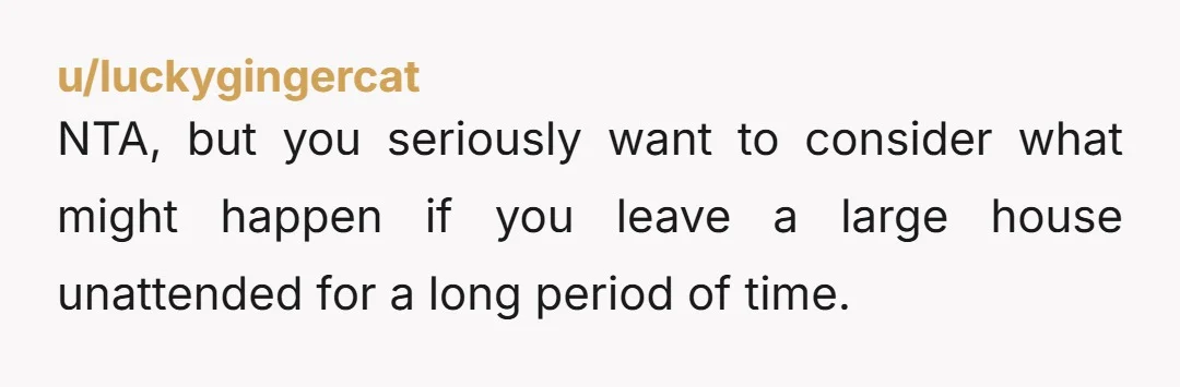 u/luckygingercat
NTA, but you seriously want to consider what might happen if you leave a large house unattended for a long period of time.