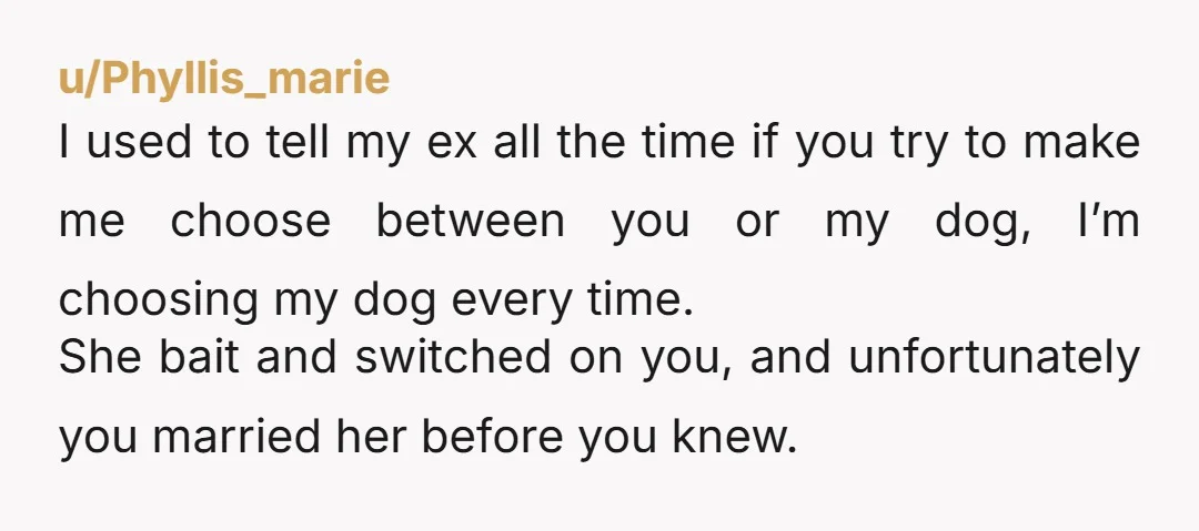 u/Phyllis_marie I used to tell my ex all the time if you try to make me choose between you or my dog, I’m choosing my dog every time. She bait...