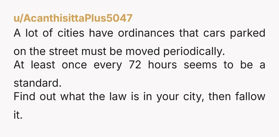 u/AcanthisittaPlus5047 A lot of cities have ordinances that cars parked on the street must be moved periodically. At least once every 72 hours seems to be a standard. Find out...