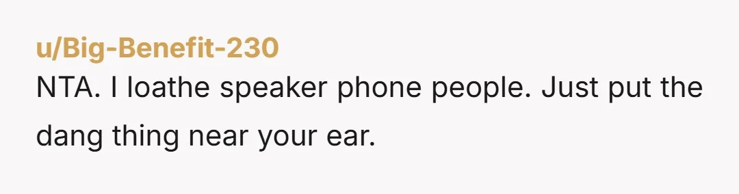 u/Big-Benefit-230
NTA. I loathe speaker phone people. Just put the dang thing near your ear.