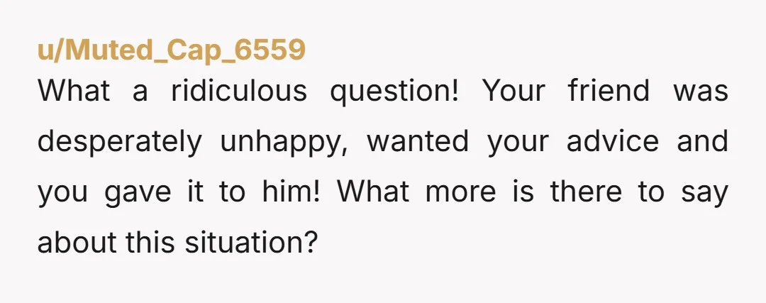 u/Muted_Cap_6559 What a ridiculous question! Your friend was desperately unhappy, wanted your advice and you gave it to him! What more is there to say about this situation?