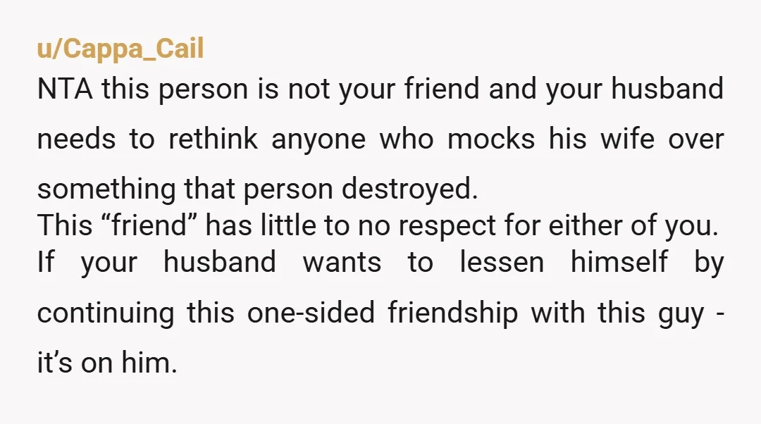 u/Cappa_Cail NTA this person is not your friend and your husband needs to rethink anyone who mocks his wife over something that person destroyed. This “friend” has little to no...