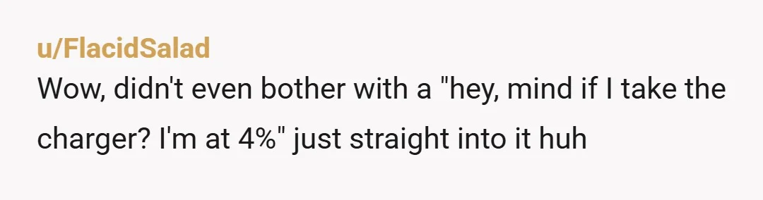 u/FlacidSalad
Wow, didn't even bother with a "hey, mind if I take the charger? I'm at 4%" just straight into it huh
