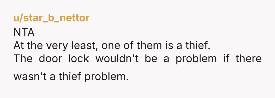 u/star_b_nettor NTA At the very least, one of them is a thief. The door lock wouldn't be a problem if there wasn't a thief problem.
