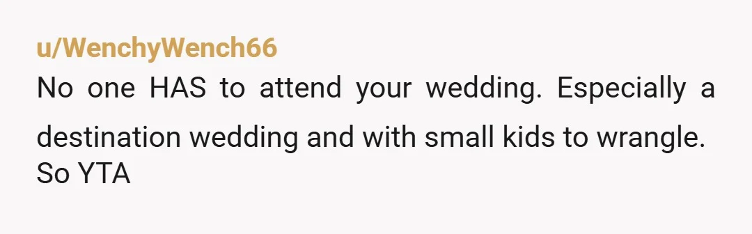 u/Daisymaisey23 YTA. Nobody owes you their attendance at your wedding. Especially not the kids and it’s the kids that’s gonna be rough traveling from the West Coast to Italy for...