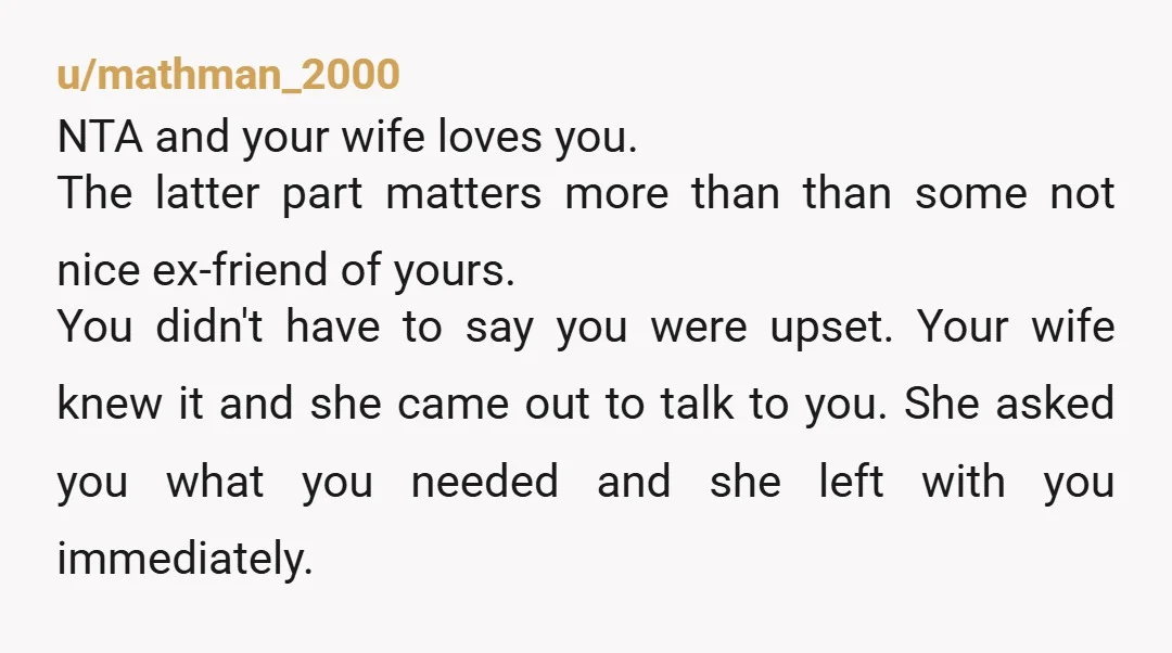 u/mathman_2000 NTA and your wife loves you. The latter part matters more than than some not nice ex-friend of yours. You didn't have to say you were upset. Your wife...