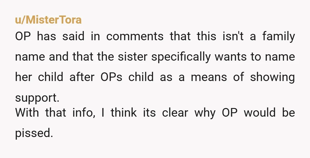 u/MisterTora OP has said in comments that this isn't a family name and that the sister specifically wants to name her child after OPs child as a means of showing...