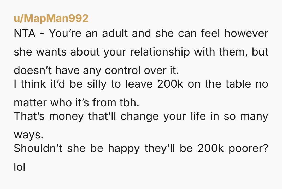 u/Sparky_Zell NTA. And honestly I'd be more upset than you are in your shoes. Not only did she break up your family from her actions. But she denied you a...