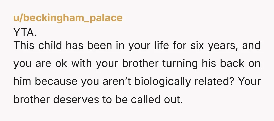 u/bright_copperkettles INFO: did your brother voluntarily walk away from his son? (I refuse to "son" because unless your brother didn't know about the sperm donor then this was a reproductive...