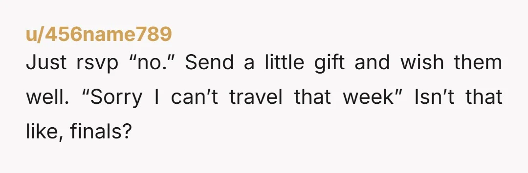 u/HiddenTurtles "I really want to be there but I have a class that day I cannot miss. I will be there in spirit. Let's make plans to have dinner the...
