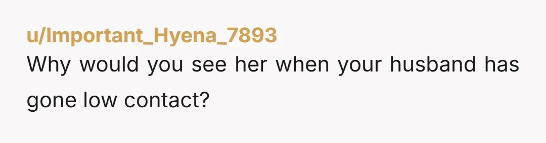 u/Important_Hyena_7893
Why would you see her when your husband has gone low contact?