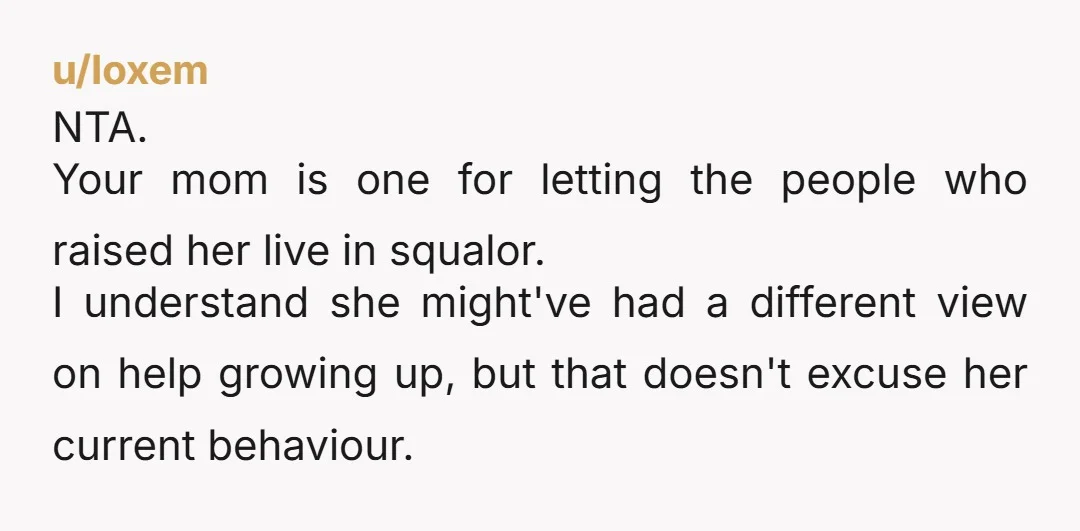 u/Ioxem NTA. Your mom is one for letting the people who raised her live in squalor. I understand she might've had a different view on help growing up, but that...