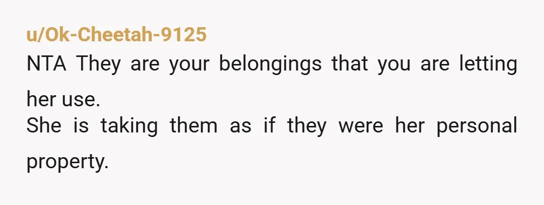 u/Every-End7495
They're your belongings, and she's taking them without your permission, and also not putting them back where they came from.
NTA
