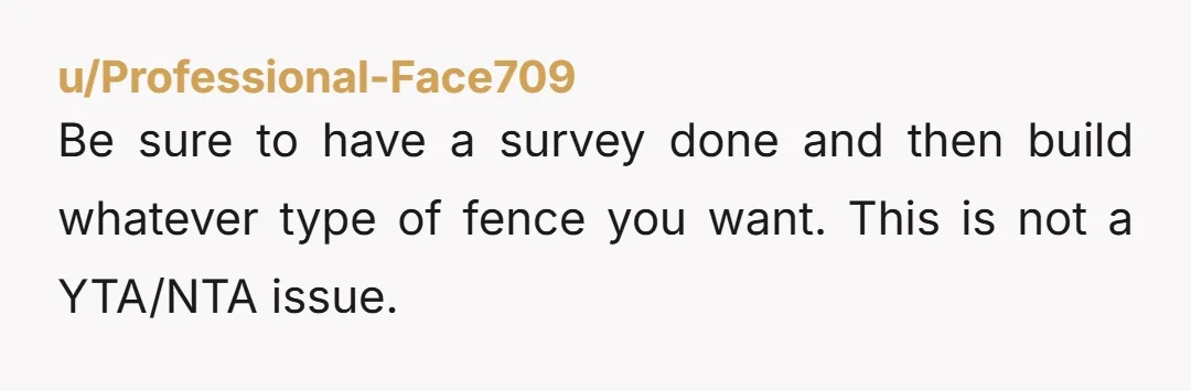 u/Professional-Face709 Be sure to have a survey done and then build whatever type of fence you want. This is not a YTA/NTA issue.