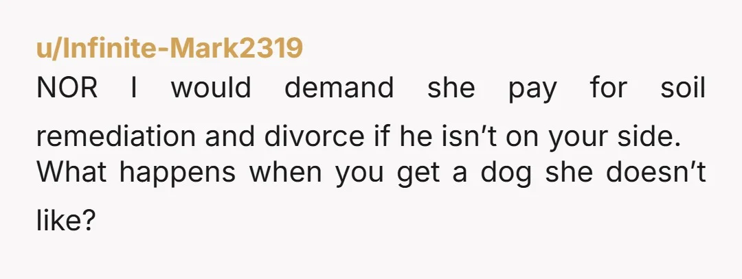 u/Infinite-Mark2319
NOR I would demand she pay for soil remediation and divorce if he isn’t on your side.
What happens when you get a dog she doesn’t like?