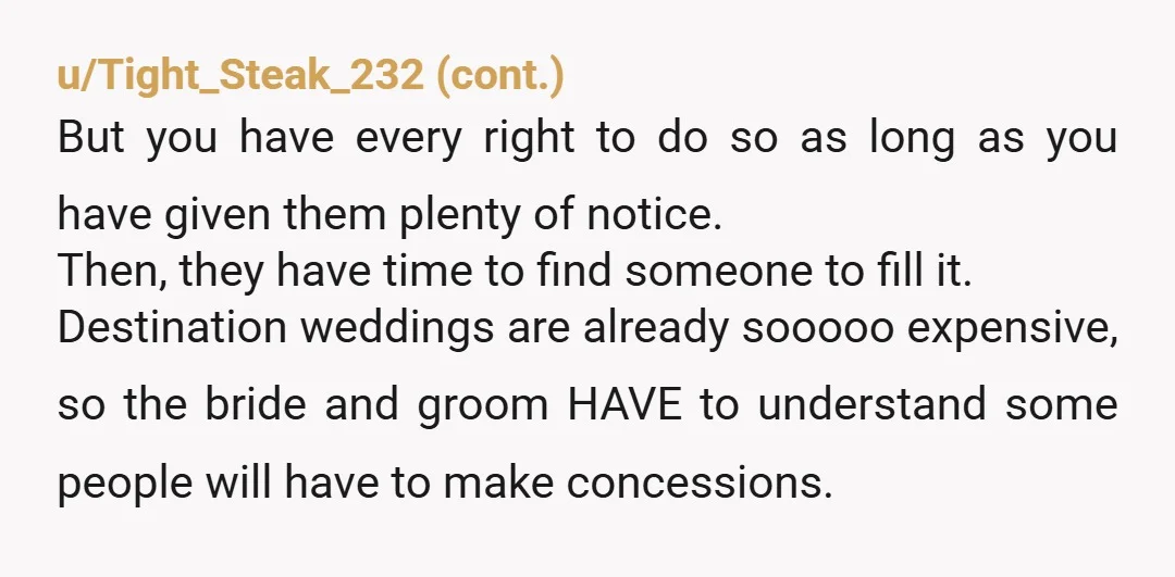 u/JMarchPineville NTA. Your only mistake was mentioning your plans to the bride (who probably gets her room comped if enough suckers pay the inflated rate.) A destination wedding is a...
