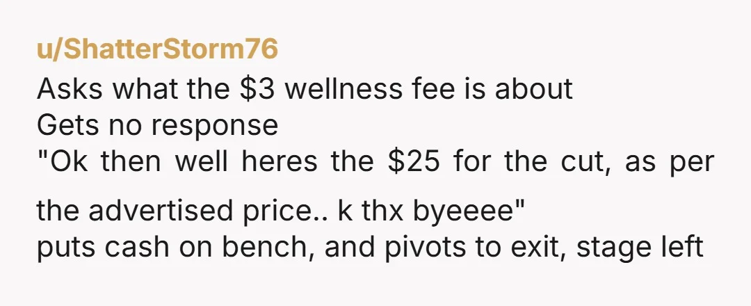 u/ShatterStorm76 Asks what the $3 wellness fee is about Gets no response "Ok then well heres the $25 for the cut, as per the advertised price.. k thx byeeee" puts...