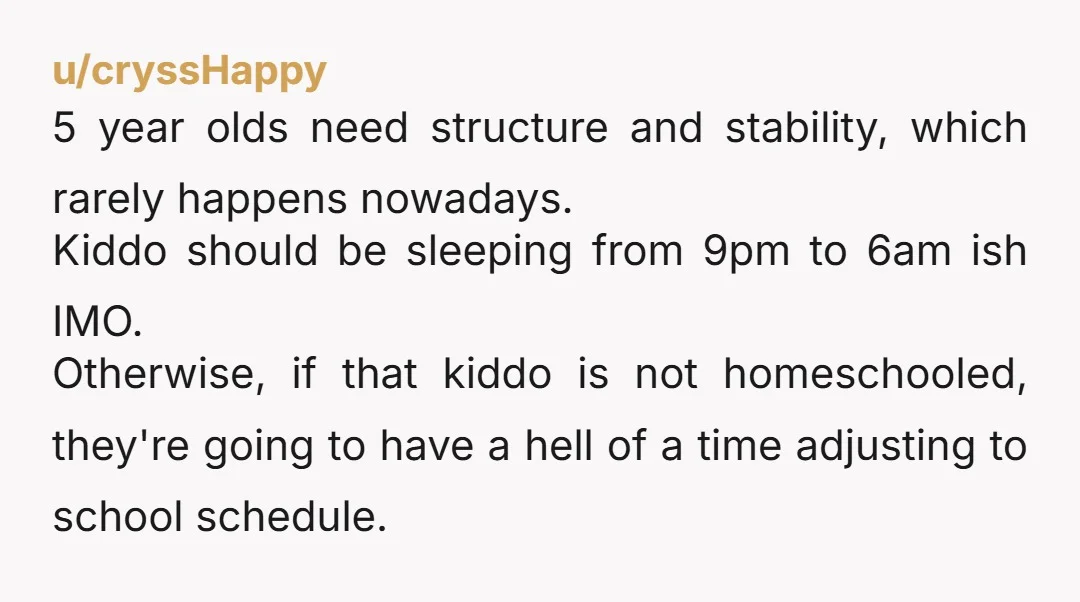 u/cryssHappy 5 year olds need structure and stability, which rarely happens nowadays. Kiddo should be sleeping from 9pm to 6am ish IMO. Otherwise, if that kiddo is not homeschooled, they're...