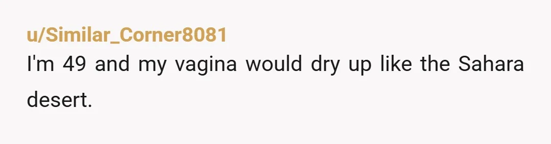 u/Similar_Corner8081
I'm 49 and my vagina would dry up like the Sahara  desert.