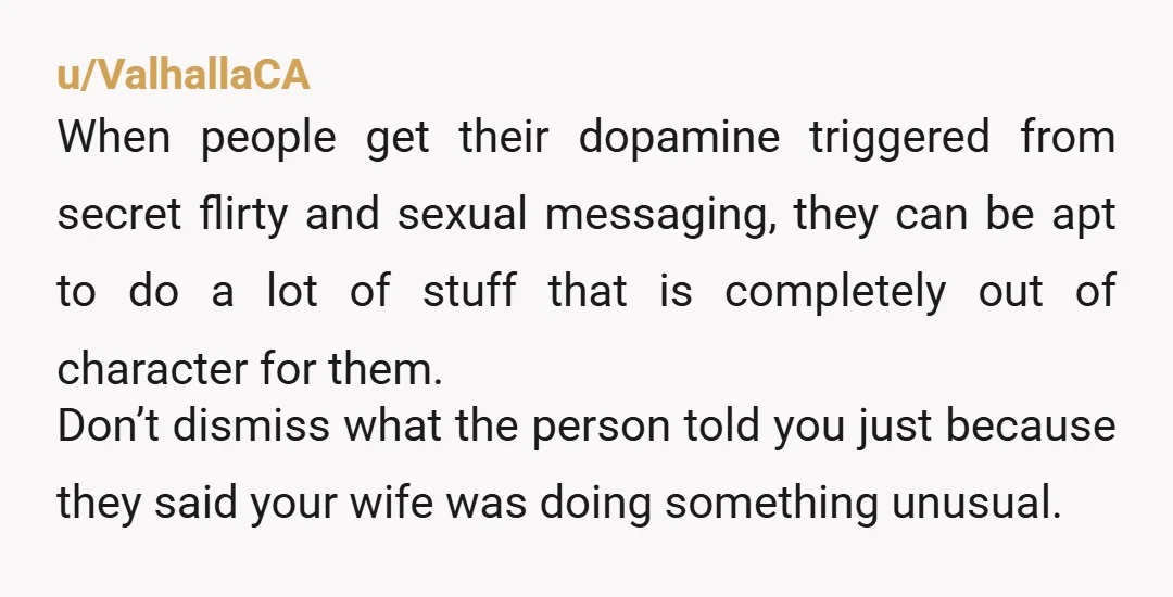 u/ValhallaCA When people get their dopamine triggered from secret flirty and sexual messaging, they can be apt to do a lot of stuff that is completely out of character for...