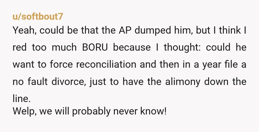 u/softbout7 Yeah, could be that the AP dumped him, but I think I red too much BORU because I thought: could he want to force reconciliation and then in a...
