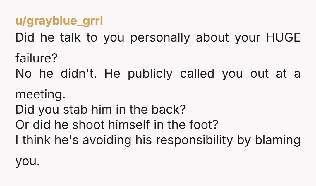 u/grayblue_grrl Did he talk to you personally about your HUGE failure? No he didn't. He publicly called you out at a meeting. Did you stab him in the back? Or...