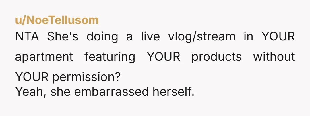 u/NoeTellusom
NTA She's doing a live vlog/stream in YOUR apartment featuring YOUR products without YOUR permission?
Yeah, she embarrassed herself.