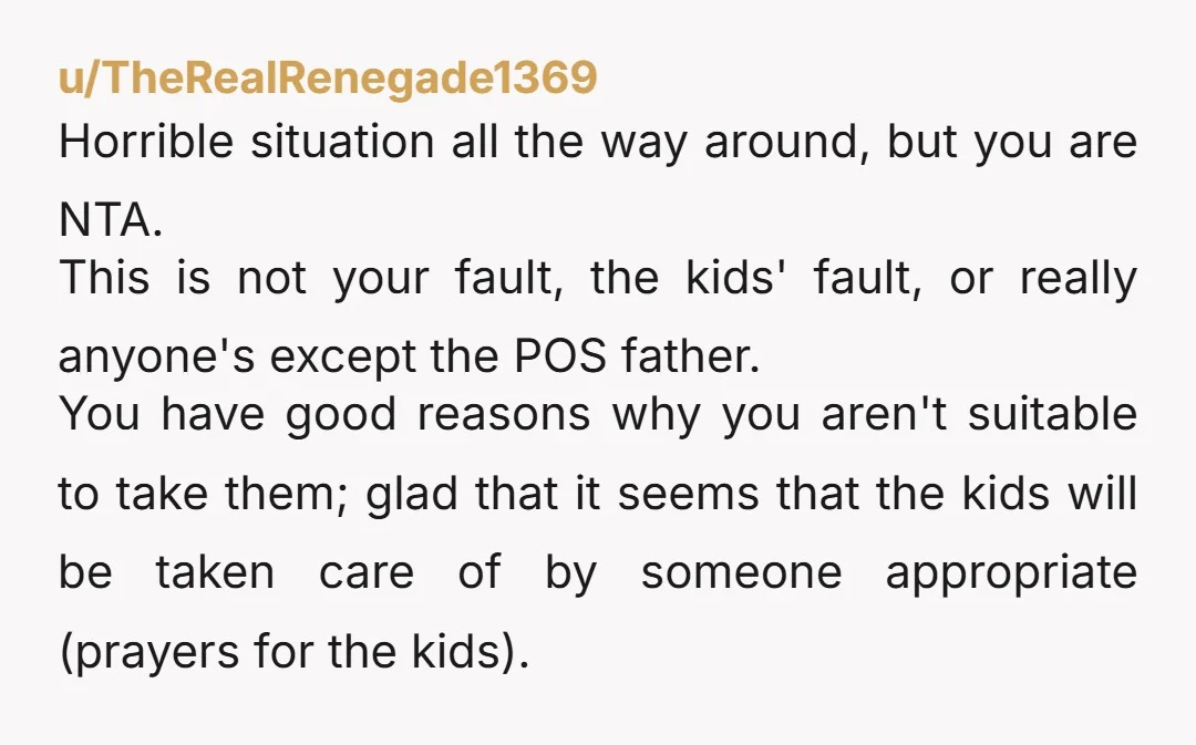u/TheRealRenegade1369 Horrible situation all the way around, but you are NTA. This is not your fault, the kids' fault, or really anyone's except the POS father. You have good reasons...