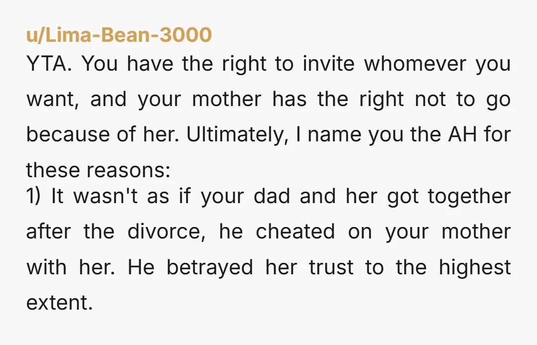 u/lyretski So you want to humiliate your mother in front of friends and family by inviting the mistress to your wedding? I would not come either but it’s your wedding...