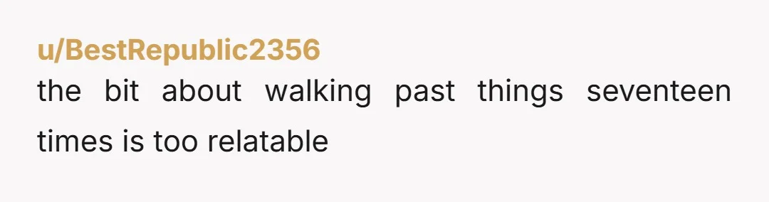 u/BestRepublic2356 the bit about walking past things seventeen times is too relatable