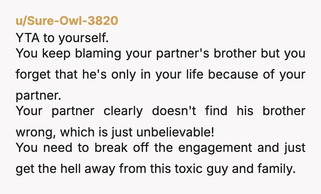 u/Sure-Owl-3820 YTA to yourself. You keep blaming your partner's brother but you forget that he's only in your life because of your partner. Your partner clearly doesn't find his brother...