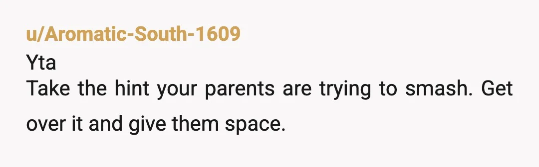 u/Aromatic-South-1609
Yta
Take the hint your parents are trying to smash. Get over it and give them space.