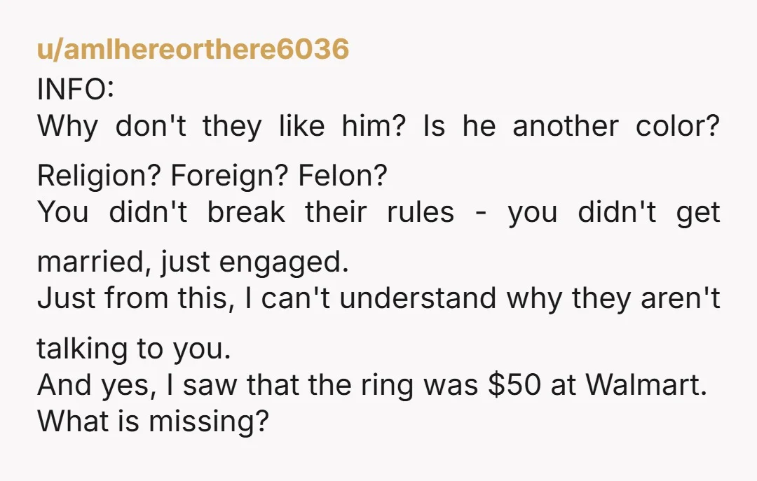 u/amIhereorthere6036 INFO: Why don't they like him? Is he another color? Religion? Foreign? Felon? You didn't break their rules - you didn't get married, just engaged. Just from this, I...