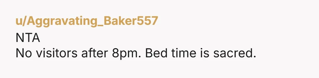 u/Aggravating_Baker557 NTA No visitors after 8pm. Bed time is sacred.