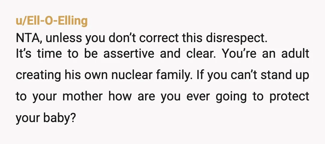 u/Ell-O-Elling NTA, unless you don’t correct this disrespect. It’s time to be assertive and clear. You’re an adult creating his own nuclear family. If you can’t stand up to your...