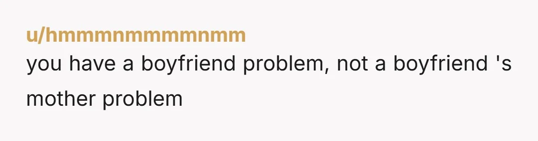 u/hmmmnmmmmnmm
you have a boyfriend problem, not a boyfriend 's mother problem