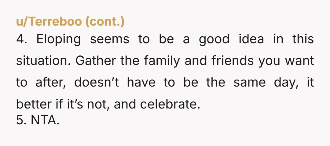 u/Puzzled-Safe4801 NTA But I hope you’re not taking any money from your parents for the wedding nor expecting/wanting your dad to walk you down the aisle. Expect his manipulations and...