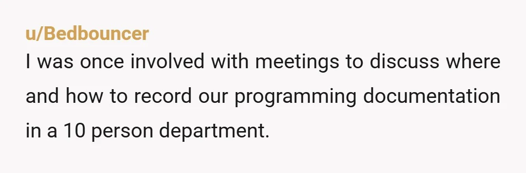 u/Bedbouncer I was once involved with meetings to discuss where and how to record our programming documentation in a 10 person department. I will never, ever willingly participate in something...