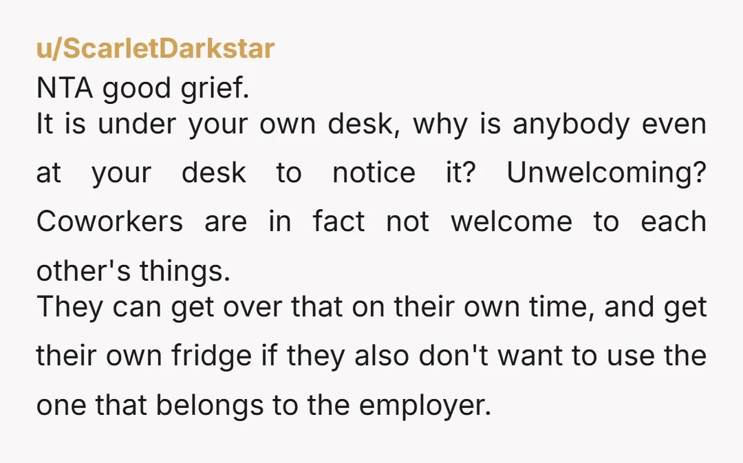 u/ScarletDarkstar NTA good grief. It is under your own desk, why is anybody even at your desk to notice it? Unwelcoming? Coworkers are in fact not welcome to each other's...