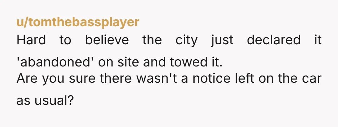 u/tomthebassplayer
Hard to believe the city just declared it 'abandoned' on site and towed it.
Are you sure there wasn't a notice left on the car as usual?