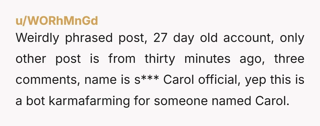u/WORhMnGd Weirdly phrased post, 27 day old account, only other post is from thirty minutes ago, three comments, name is s*** Carol official, yep this is a bot karmafarming for...
